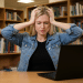 Mulher estressada em biblioteca diante de laptop aberto.