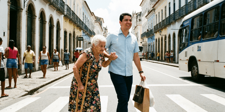 Homem ajudando senhora a atravessar a rua.