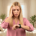Mulher preocupada olha relógio smartwatch em quarto claro.