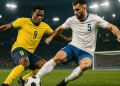 Dois jogadores de futebol masculinos disputam bola num estádio sob forte iluminação.