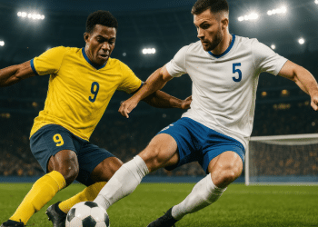 Dois jogadores de futebol masculinos disputam bola num estádio sob forte iluminação.
