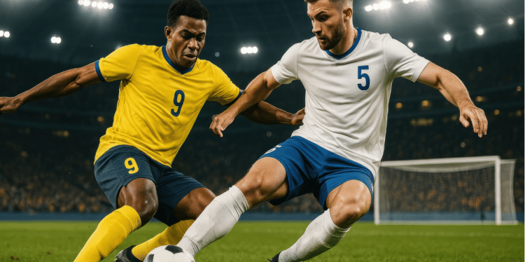 Dois jogadores de futebol masculinos disputam bola num estádio sob forte iluminação.