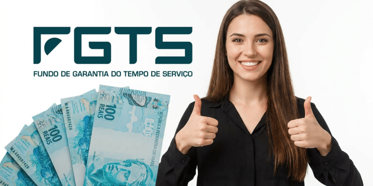 Jovem sorridente faz sinal de positivo ao lado do logo FGTS e notas de 100 reais.