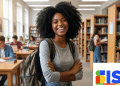 Jovem sorridente com mochila em biblioteca e logo do SISU no canto.