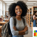 Jovem sorridente com mochila em biblioteca e logo do SISU no canto.