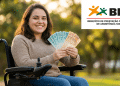 Jovem com deficiência recebe benefício BPC e exibe notas de real.