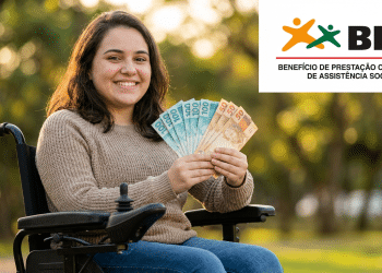 Jovem com deficiência recebe benefício BPC e exibe notas de real.