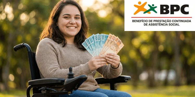 Jovem com deficiência recebe benefício BPC e exibe notas de real.
