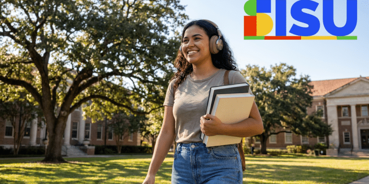 Estudante sorridente caminha com livros em campus universitário com logo do SISU.