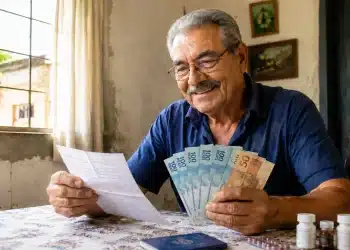 Idoso sorrindo enquanto confere pagamento da aposentadoria com acréscimo de 25% do INSS