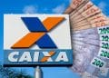 Letreiro de agência da Caixa ao lado de cédulas de R$ 50 e R$ 200, referência ao pagamento do Bolsa Família.