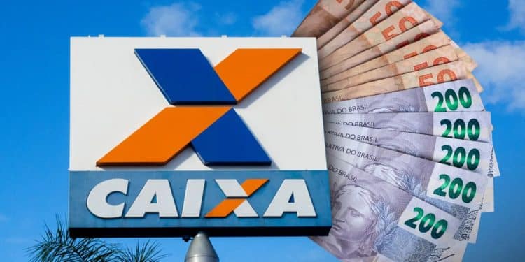 Letreiro de agência da Caixa ao lado de cédulas de R$ 50 e R$ 200, referência ao pagamento do Bolsa Família.