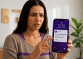Mulher observa notificação do Nubank no celular com alerta de dívida registrada no CPF