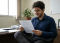Homem sorri ao ler um contrato de trabalho em escritório