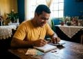 Homem sorri ao fazer contas com calculadora e caderno aberto sobre a mesa em casa