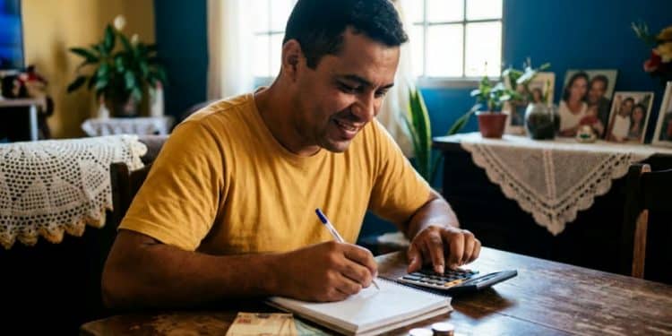Homem sorri ao fazer contas com calculadora e caderno aberto sobre a mesa em casa