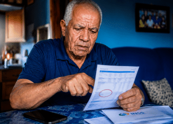 Idoso analisa extrato do INSS apontando para item circulado com caneta sobre a mesa