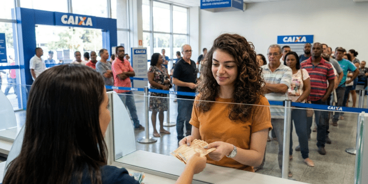 Mulher recebe cédulas no caixa de uma agência da Caixa com fila ao fundo