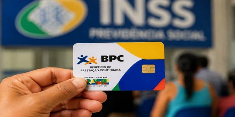 Cartão do BPC diante de agência do INSS, que paga R$ 1.621 ao beneficiário de final 3 nesta sexta (26)