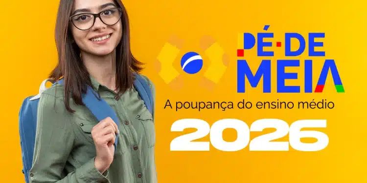 Estudante com mochila ao lado de texto informativo sobre o calendário de pagamentos do Pé-de-Meia em junho de 2026.
