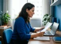 Mulher analisando documentos e computador, simbolizando planejamento de transição de carreira em 2026.