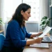 Mulher analisando documentos e computador, simbolizando planejamento de transição de carreira em 2026.