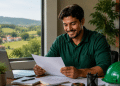 Jovem profissional brasileiro lendo documentos em escritório no interior, com paisagem rural ao fundo.