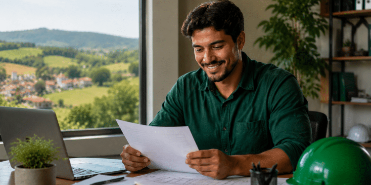 Jovem profissional brasileiro lendo documentos em escritório no interior, com paisagem rural ao fundo.