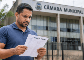 Homem lendo edital de concurso público em frente à Câmara Municipal.