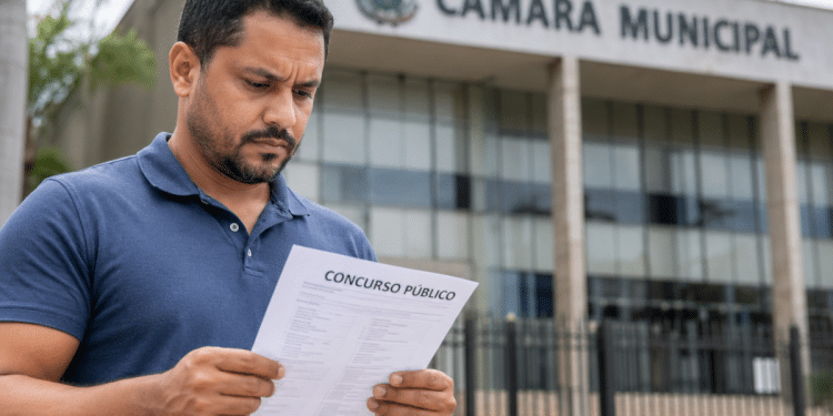 Homem lendo edital de concurso público em frente à Câmara Municipal.