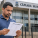 Homem lendo edital de concurso público em frente à Câmara Municipal.