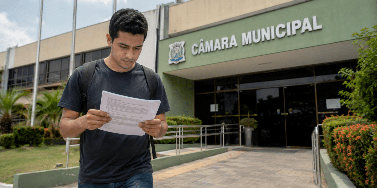 Pessoa lendo documento de concurso público em frente a prédio da Câmara Municipal.