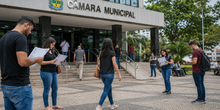 Pessoas em frente à Câmara Municipal lendo documentos de concurso público durante o período de inscrições abertas.