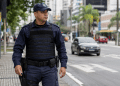 Guarda municipal de uniforme azul patrulha calçada de avenida movimentada, prédios ao fundo.