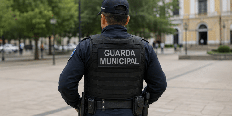 Guarda Municipal de costas em área urbana com uniforme identificado.