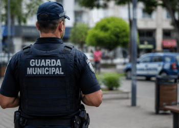 Guarda municipal de costas em ambiente urbano durante atuação em serviço na rua.