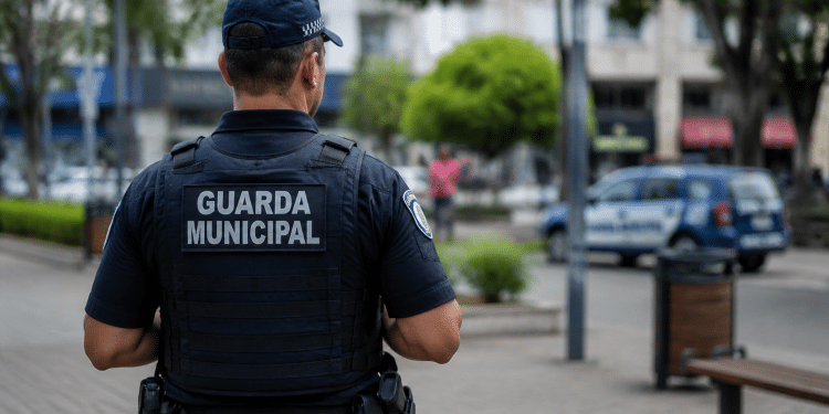 Guarda municipal de costas em ambiente urbano durante atuação em serviço na rua.