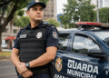 Guarda Municipal de uniforme azul-marinho com colete e rádio comunicador ao lado de viatura oficial.