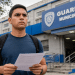 Homem jovem com camiseta azul segura documento em frente ao prédio da Guarda Municipal.