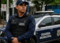 Guarda Municipal com uniforme azul marinho, colete tático e rádio comunicador posicionado ao lado de viatura.
