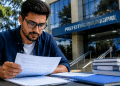 Homem de óculos e camisa azul analisa documento do concurso da Prefeitura de Jardinópolis/SP sentado à mesa com livros diante de prédio da Prefeitura Municipal.