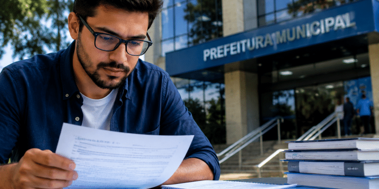 Homem de óculos e camisa azul analisa documento do concurso da Prefeitura de Jardinópolis/SP sentado à mesa com livros diante de prédio da Prefeitura Municipal.