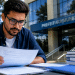 Homem de óculos e camisa azul analisa documento do concurso da Prefeitura de Jardinópolis/SP sentado à mesa com livros diante de prédio da Prefeitura Municipal.
