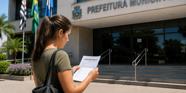 Candidata lê documento de concurso público em frente à Prefeitura Municipal.
