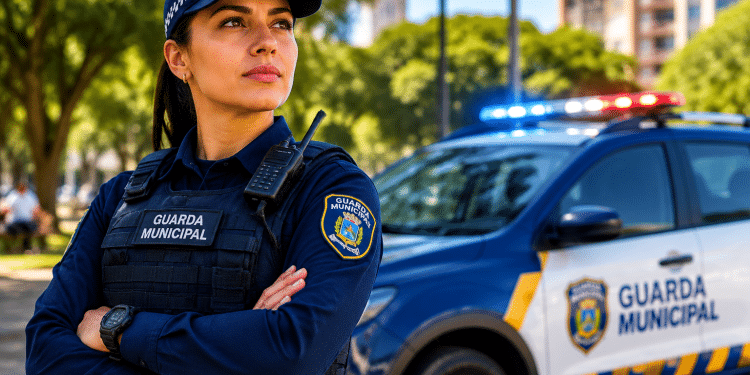 Guarda Municipal de braços cruzados, uniforme azul marinho com colete e boné, ao lado de viatura branca e azul com giroflex.