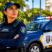 Guarda Municipal de braços cruzados, uniforme azul marinho com colete e boné, ao lado de viatura branca e azul com giroflex.