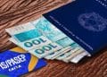 Carteira de Trabalho azul ao lado de cédulas de R$ 100 e cartão PIS/PASEP da Caixa, representando a consulta do Abono Salarial do quinto grupo
