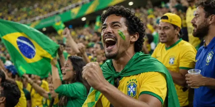 Torcedores brasileiros comemoram em arquibancada com camisas da seleção e bandeira do Brasil, representando o próximo jogo na Copa do Mundo.