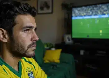 Jovem brasileiro assiste a jogo da Copa do Mundo na TV com expressão de cansaço visual.