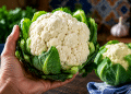 Mão segura couve-flor fresca com folhas verdes em bancada de cozinha